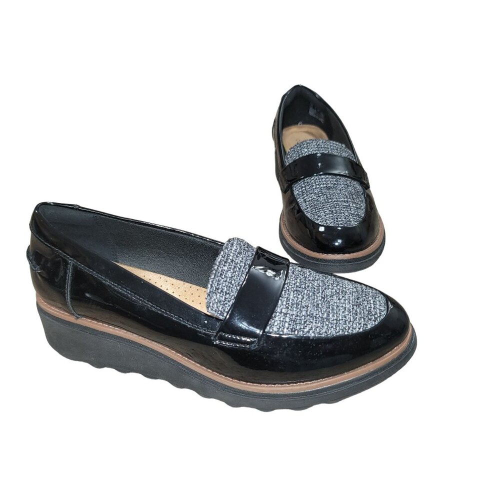 CLARKS Womens Black Wedge Chunky Penny Loafers Y2K 90s Career Preppy‎ Academia 7